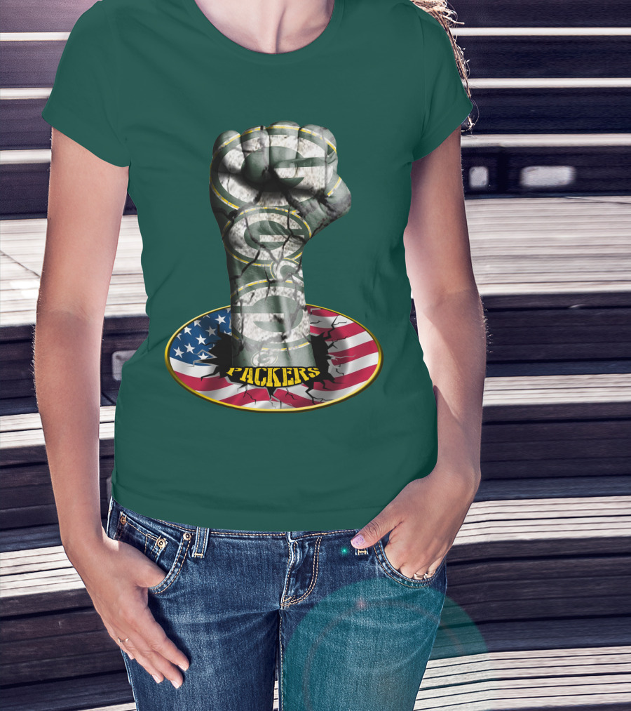 Fist With Green Bay Packers Logo On Cracked American Flag T-Shirt