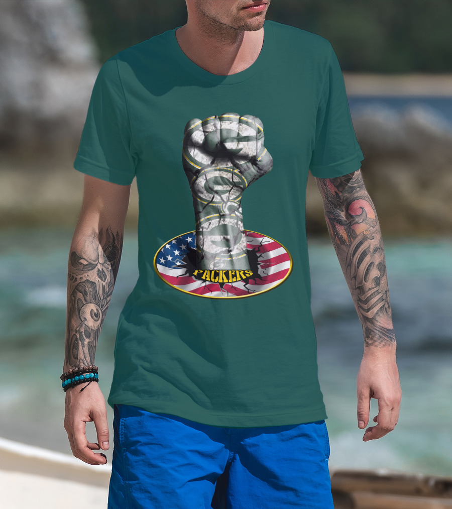 Fist With Green Bay Packers Logo On Cracked American Flag T-Shirt