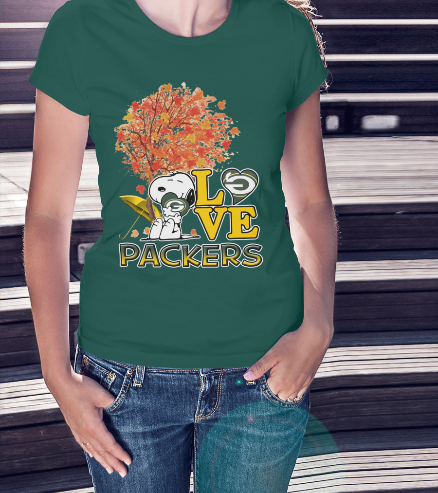 Love Packers Snoopy Green Bay Packers Autumn Tree T-Shirt