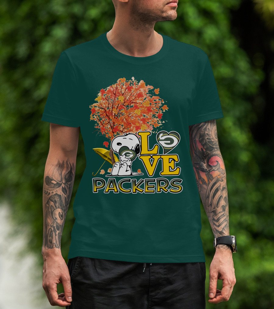 Love Packers Snoopy Green Bay Packers Autumn Tree T-Shirt