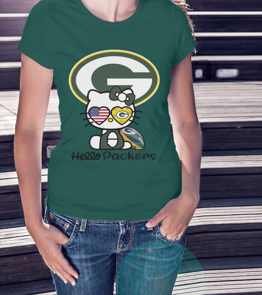 Hello Packers Green Bay Packers Football Fan Art Featuring Kitty With American Flag Heart T-Shirt
