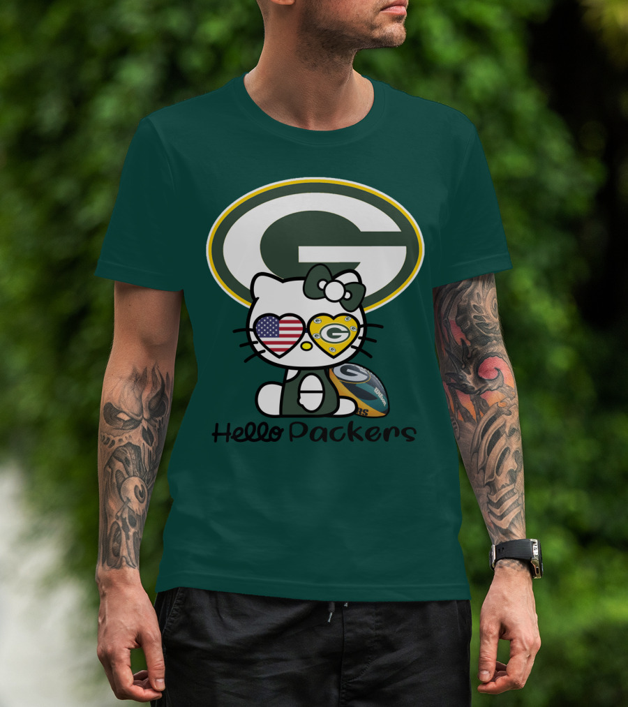 Hello Packers Green Bay Packers Football Fan Art Featuring Kitty With American Flag Heart T-Shirt