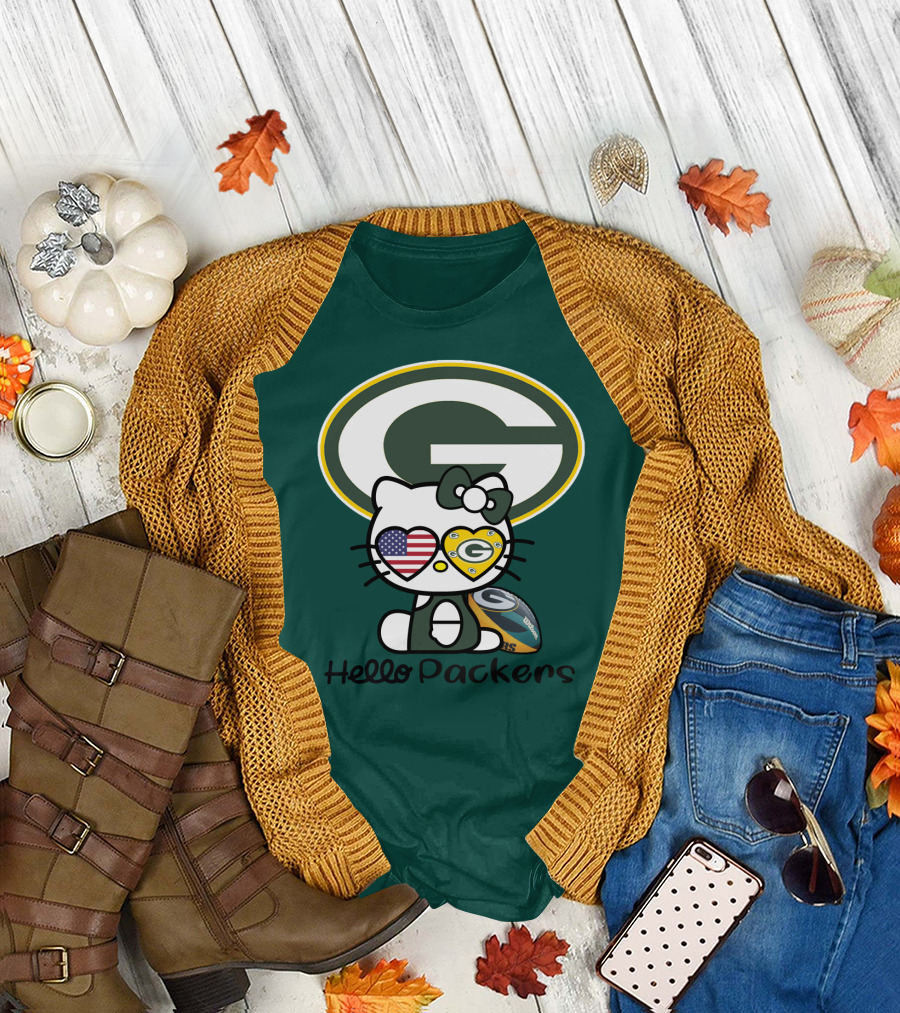 Hello Packers Green Bay Packers Football Fan Art Featuring Kitty With American Flag Heart T-Shirt