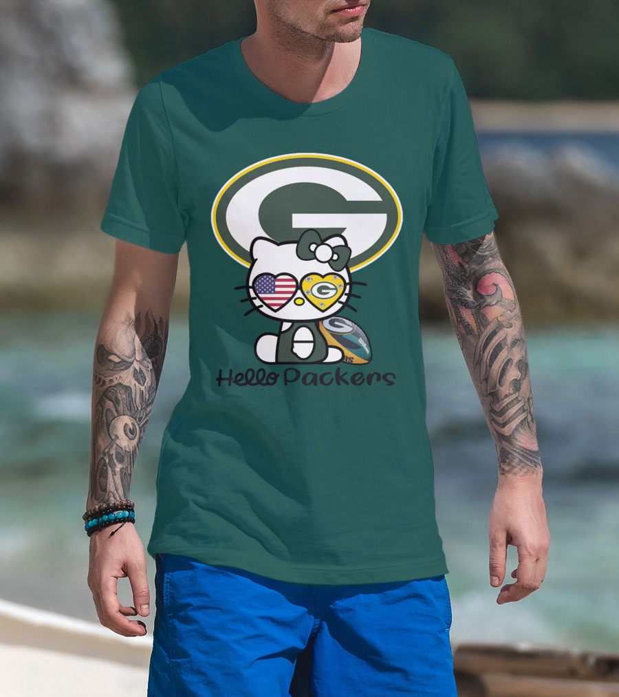 Hello Packers Green Bay Packers Football Fan Art Featuring Kitty With American Flag Heart T-Shirt