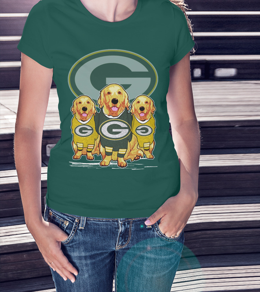 Green Bay Packers Golden Retrievers Sporting Green And Gold Attire T-Shirt