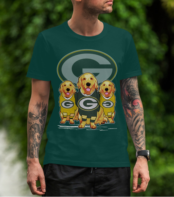Green Bay Packers Golden Retrievers Sporting Green And Gold Attire T-Shirt