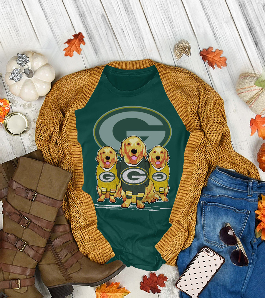 Green Bay Packers Golden Retrievers Sporting Green And Gold Attire T-Shirt