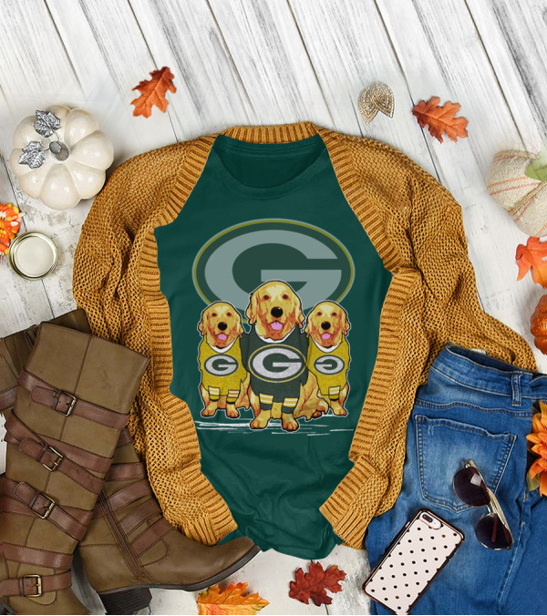 Green Bay Packers Golden Retrievers Sporting Green And Gold Attire T-Shirt