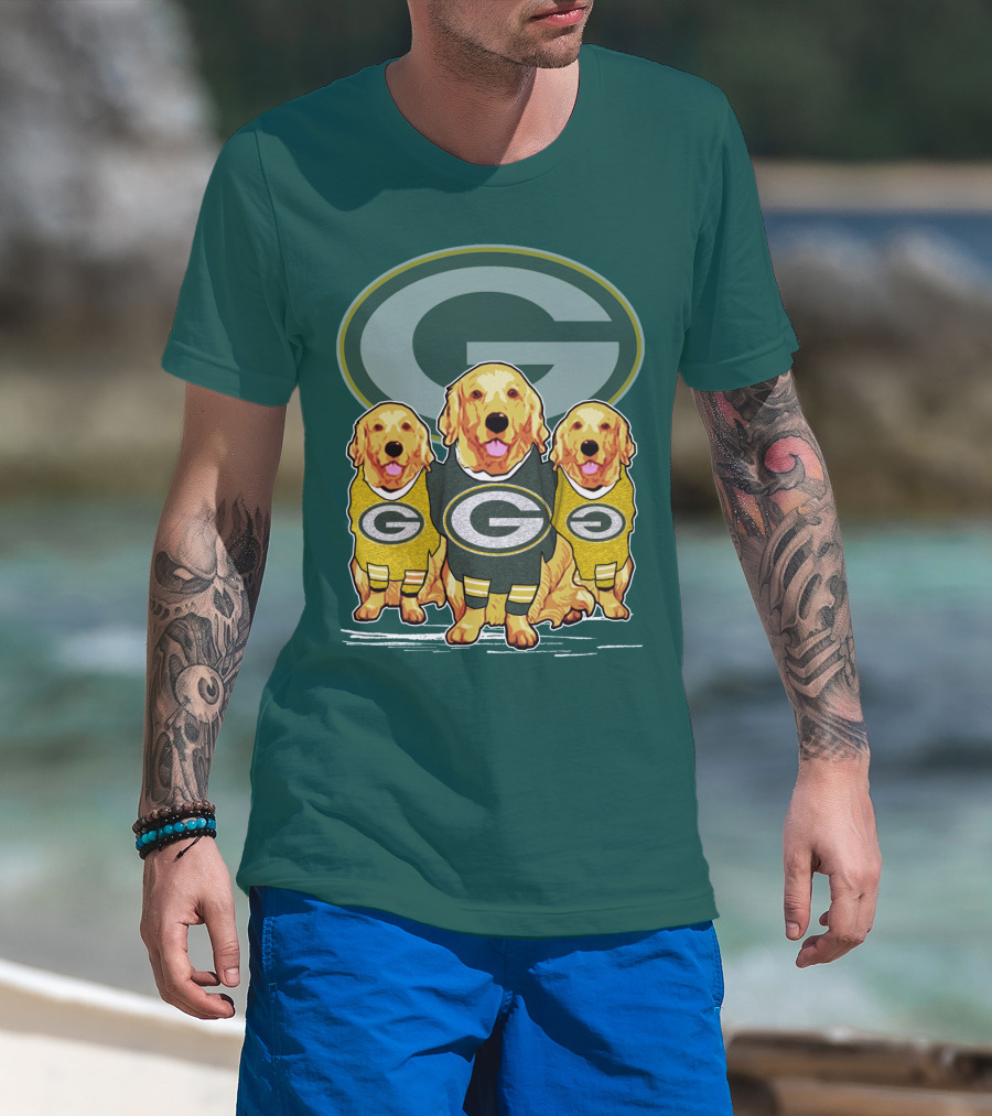 Green Bay Packers Golden Retrievers Sporting Green And Gold Attire T-Shirt