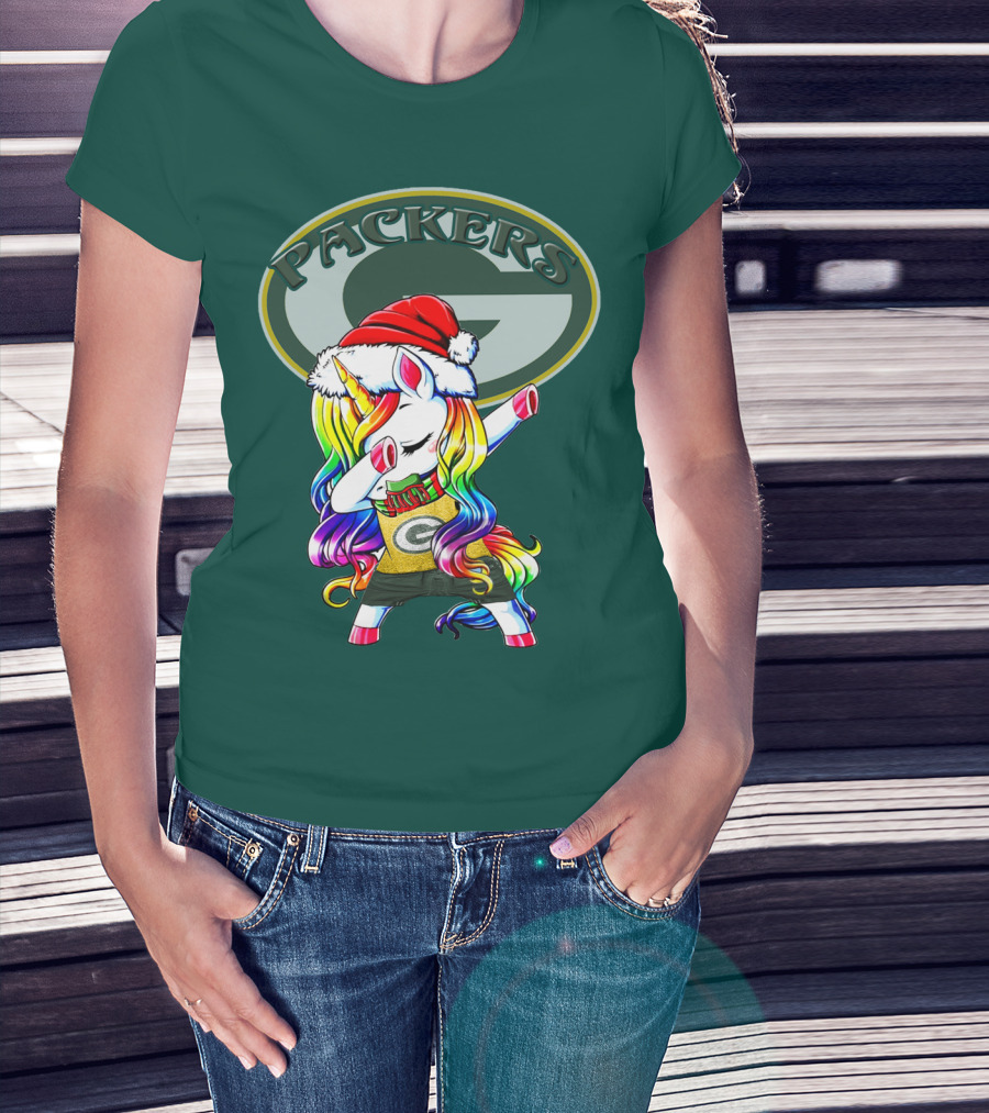 Packers Unicorn Dabbing Santa Hat Green Gold T-Shirt