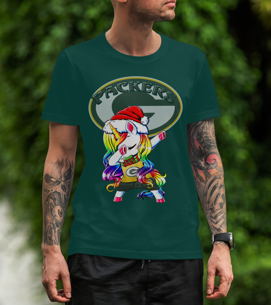 Packers Unicorn Dabbing Santa Hat Green Gold T-Shirt