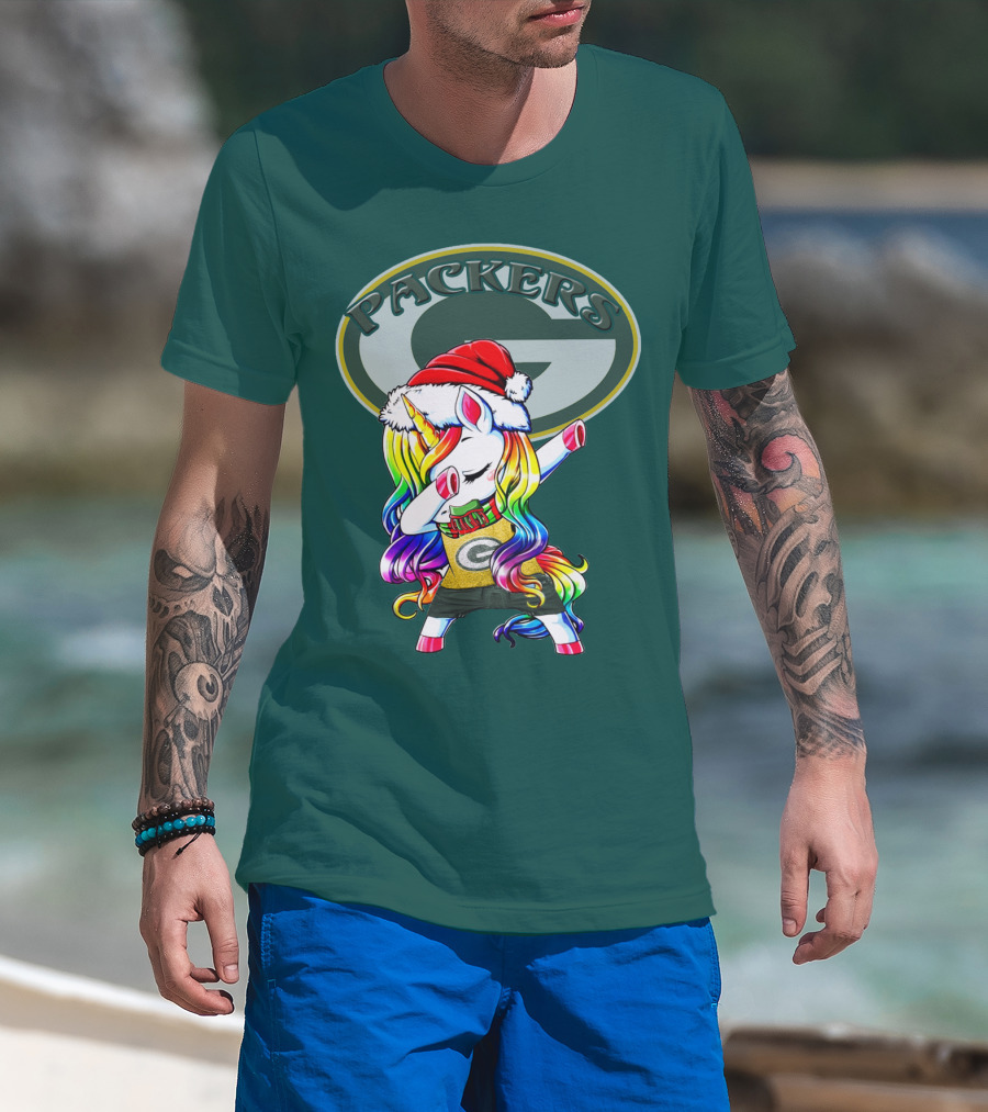 Packers Unicorn Dabbing Santa Hat Green Gold T-Shirt