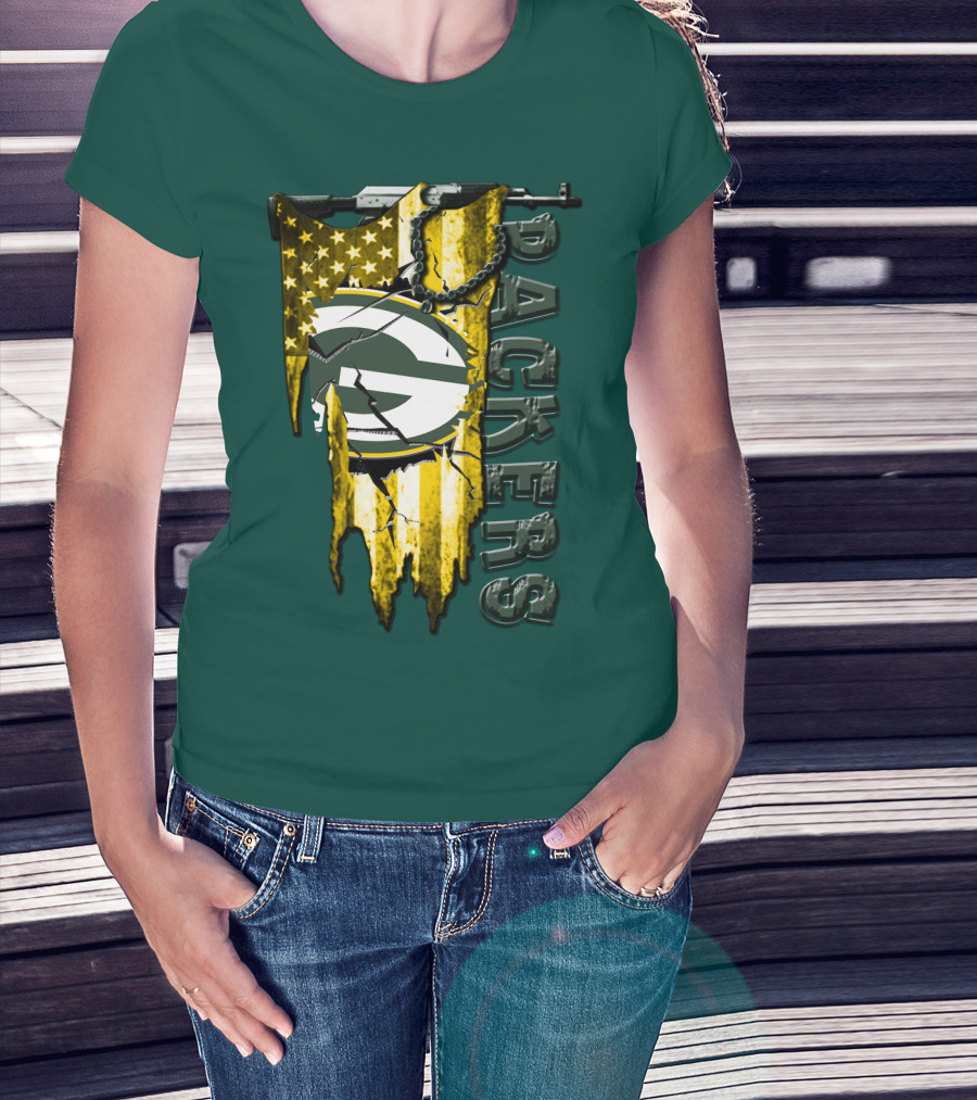 Green Bay Packers American Flag Cracked T-Shirt
