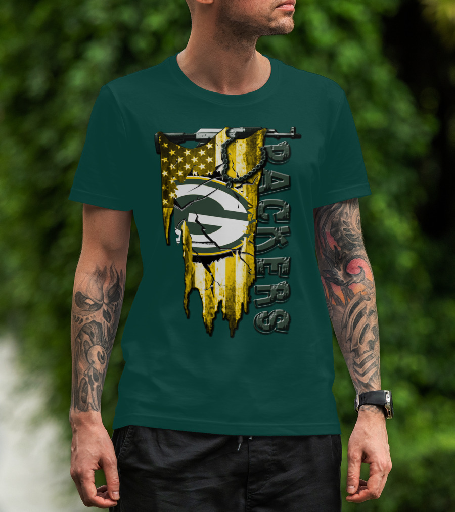 Green Bay Packers American Flag Cracked T-Shirt