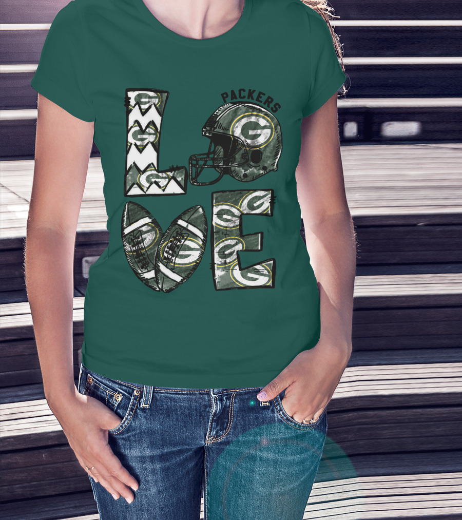 Packers Love Football Helmet And Ball Green Bay Packers T-Shirt