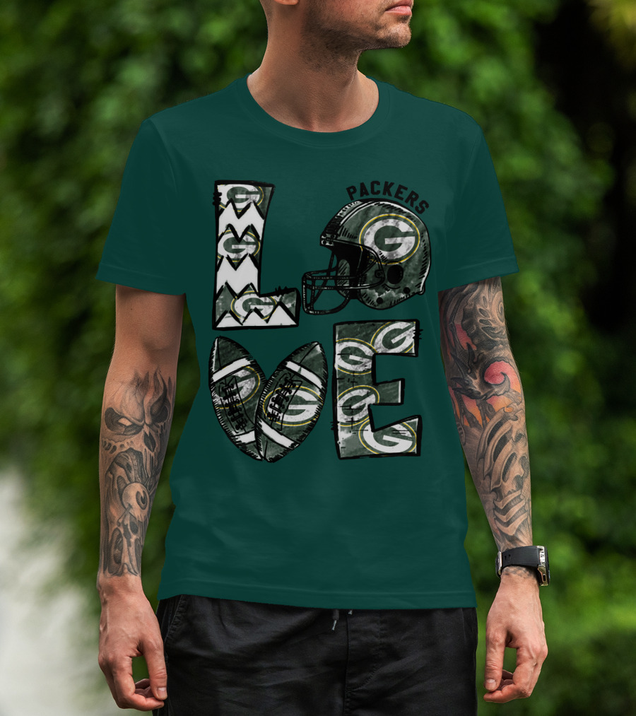 Packers Love Football Helmet And Ball Green Bay Packers T-Shirt