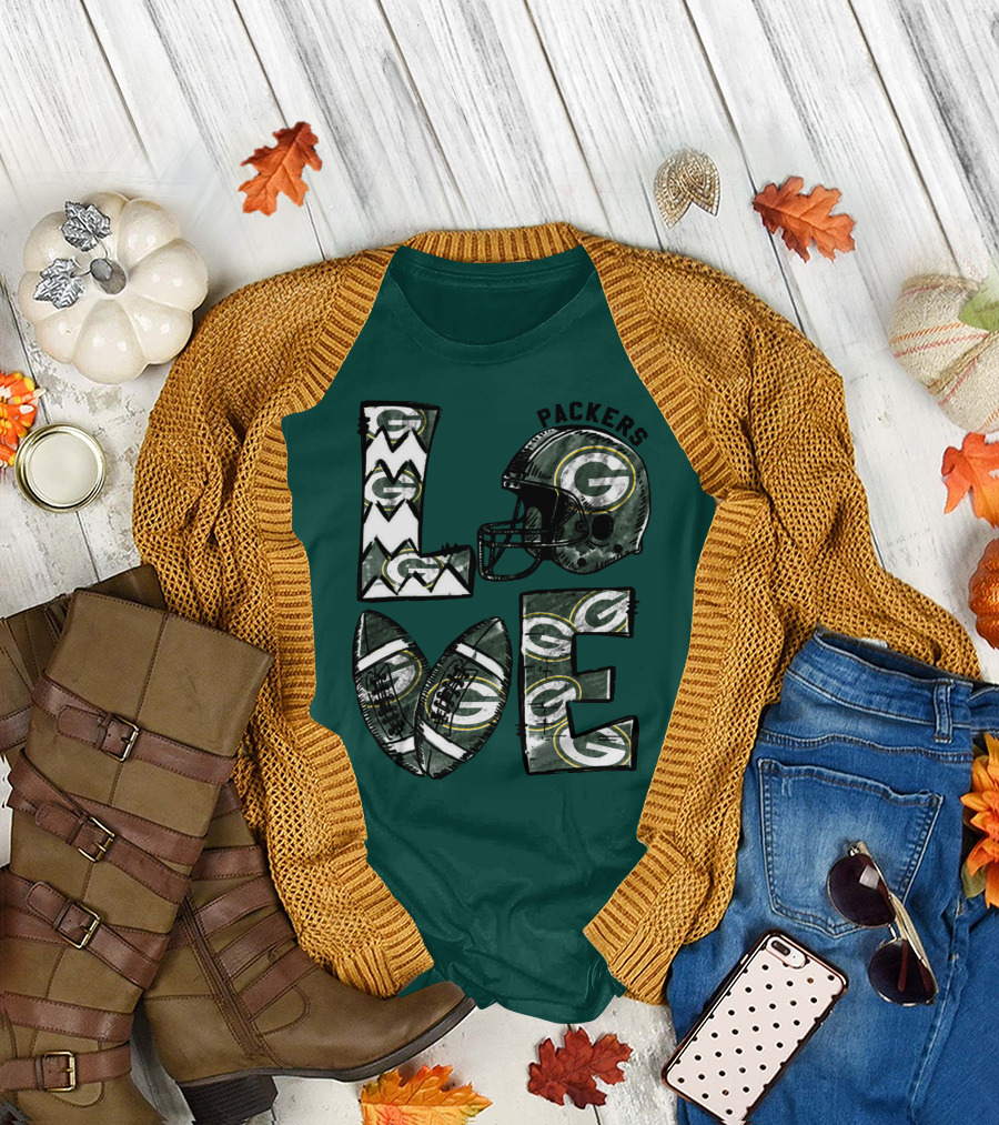 Packers Love Football Helmet And Ball Green Bay Packers T-Shirt