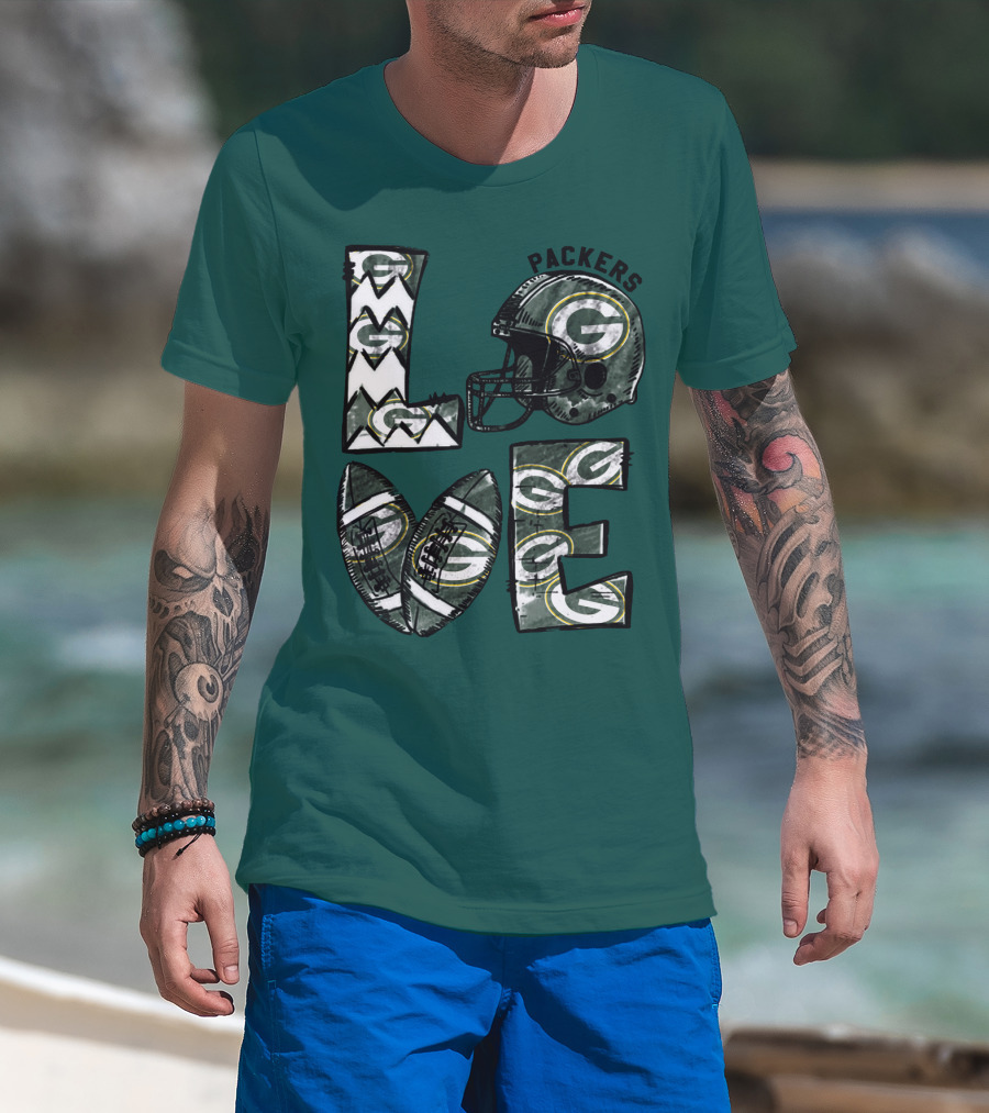 Packers Love Football Helmet And Ball Green Bay Packers T-Shirt