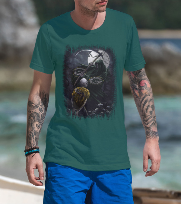 Green Bay Packers Grim Reaper Scene With Skeleton Under Moonlight T-Shirt