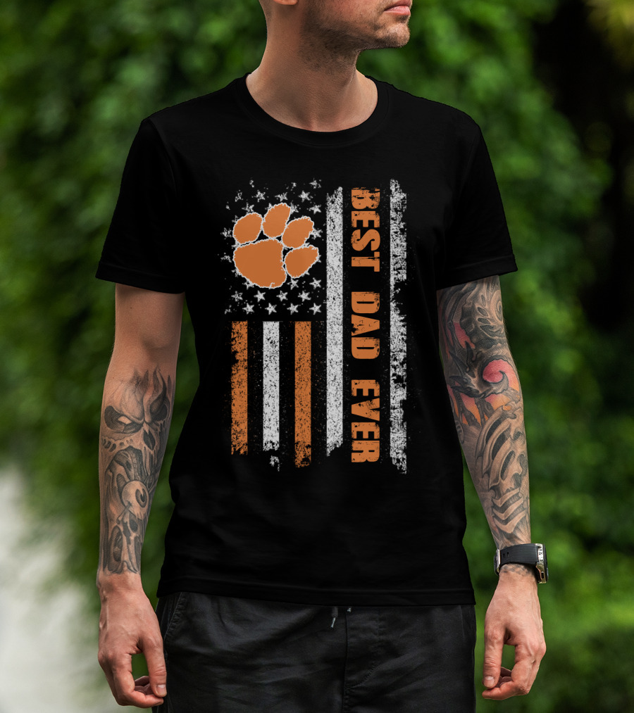 Best Dad Ever American Flag Paw Orange Stripes T-Shirt