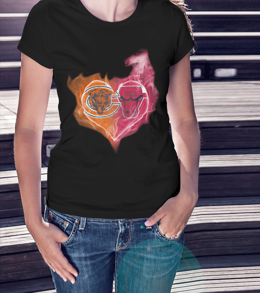Chicago Bears And Chicago Bulls Heart Flames T-Shirt