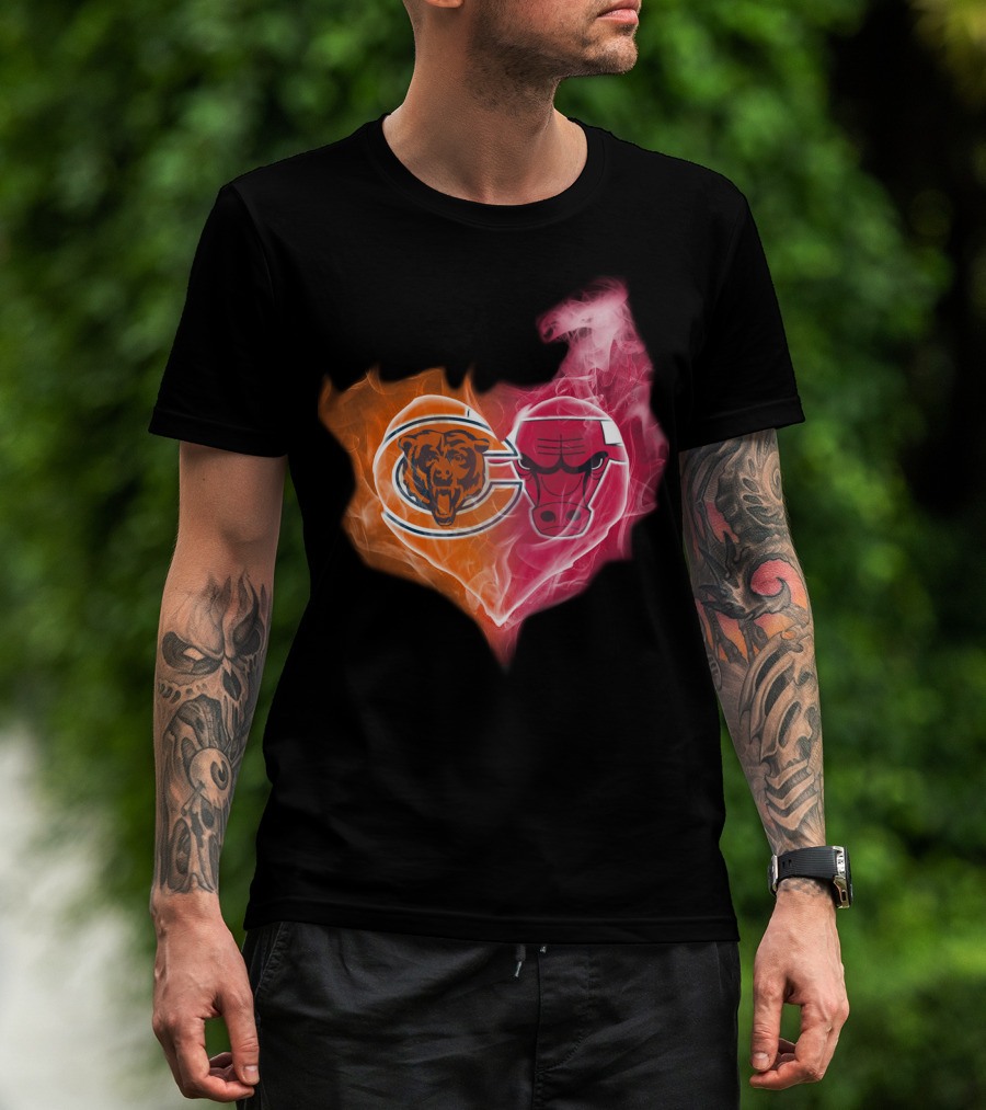 Chicago Bears And Chicago Bulls Heart Flames T-Shirt