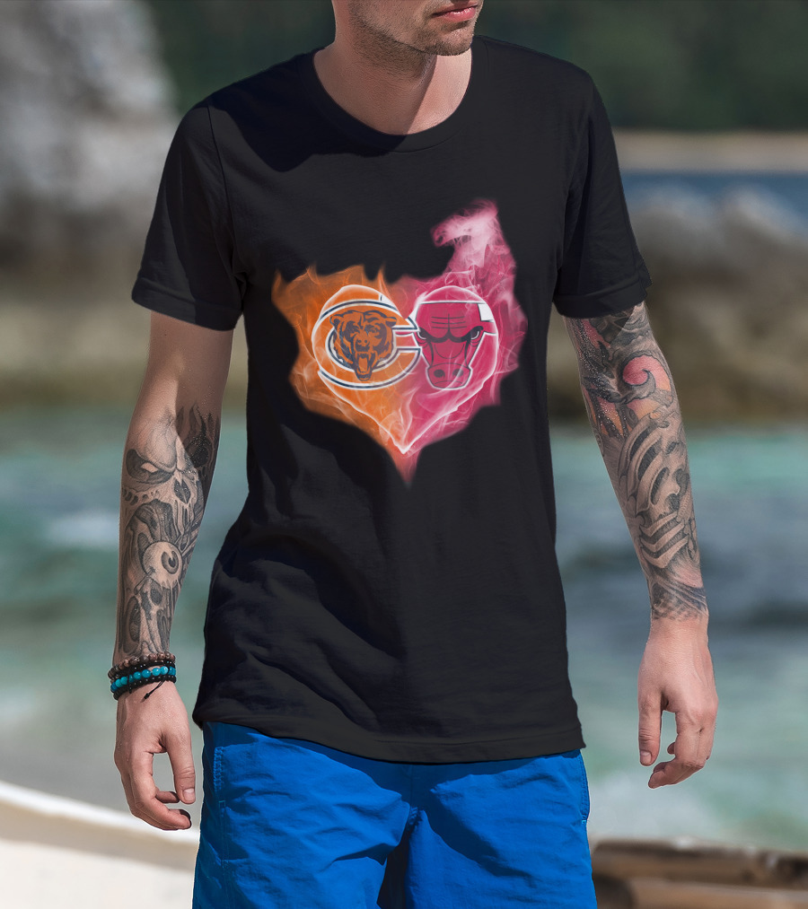 Chicago Bears And Chicago Bulls Heart Flames T-Shirt
