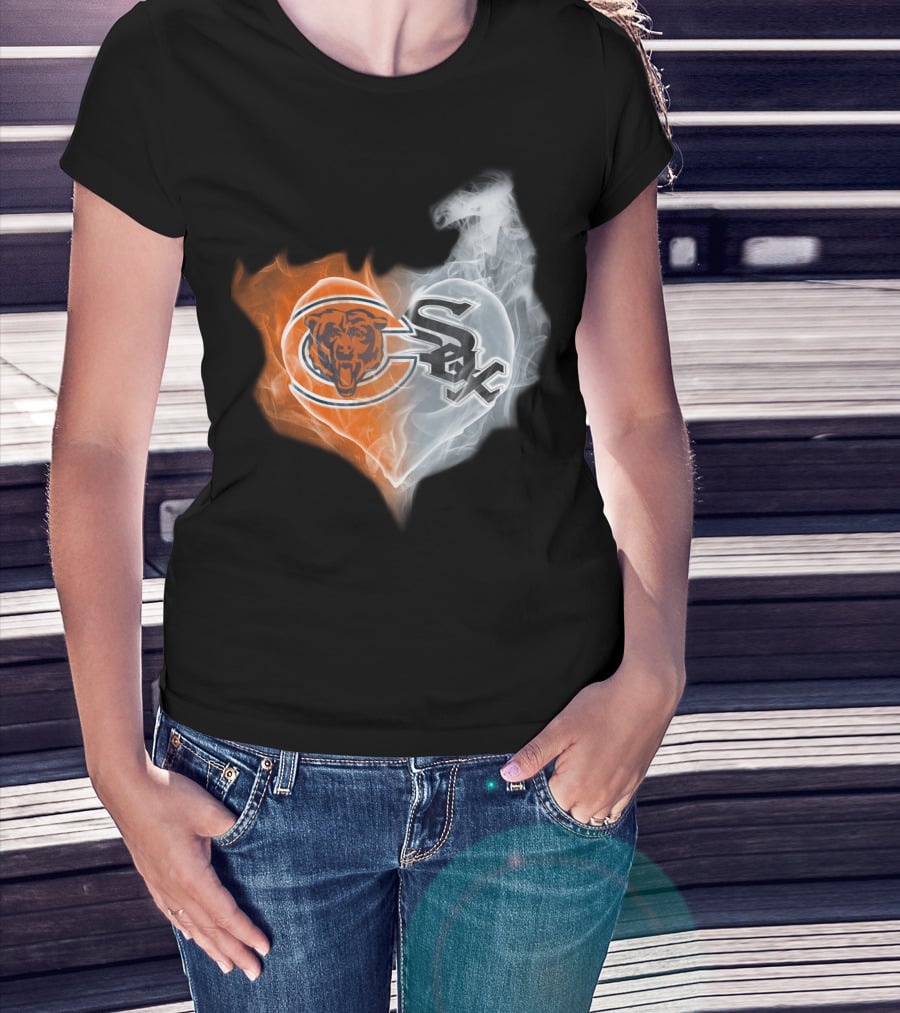 Chicago Bears And White Sox Logos United In Heart-Shaped Smoke T-Shirt