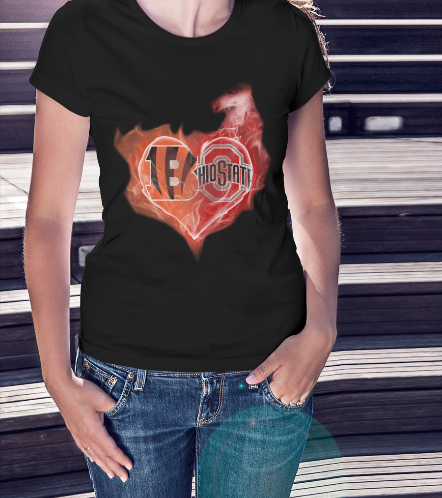 Cincinnati Bengals Ohio State Buckeyes Fire Heart T-Shirt