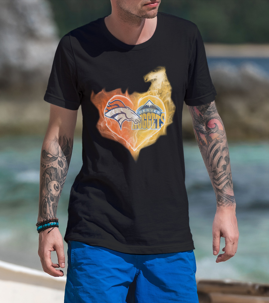 Denver Broncos Denver Nuggets Heart Flame T-Shirt