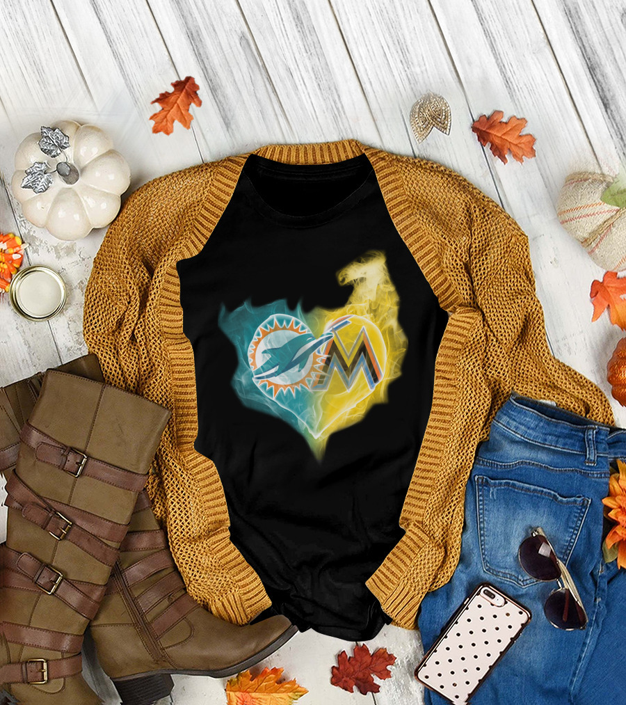 Miami Dolphins Miami Marlins Heart Fusion T-Shirt