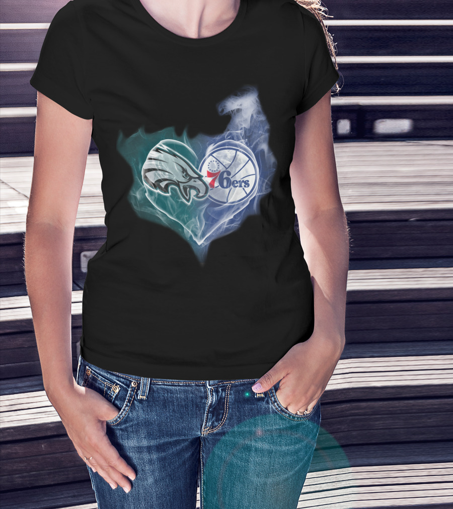 Philadelphia Eagles 76ers Heart Sports Logo Fusion T-Shirt