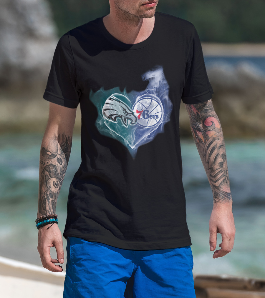 Philadelphia Eagles 76ers Heart Sports Logo Fusion T-Shirt