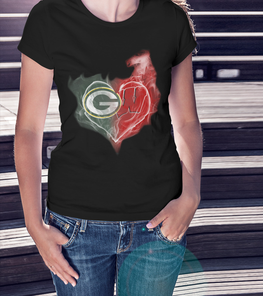 Green Bay Packers Wisconsin Badgers Heart Smoke T-Shirt