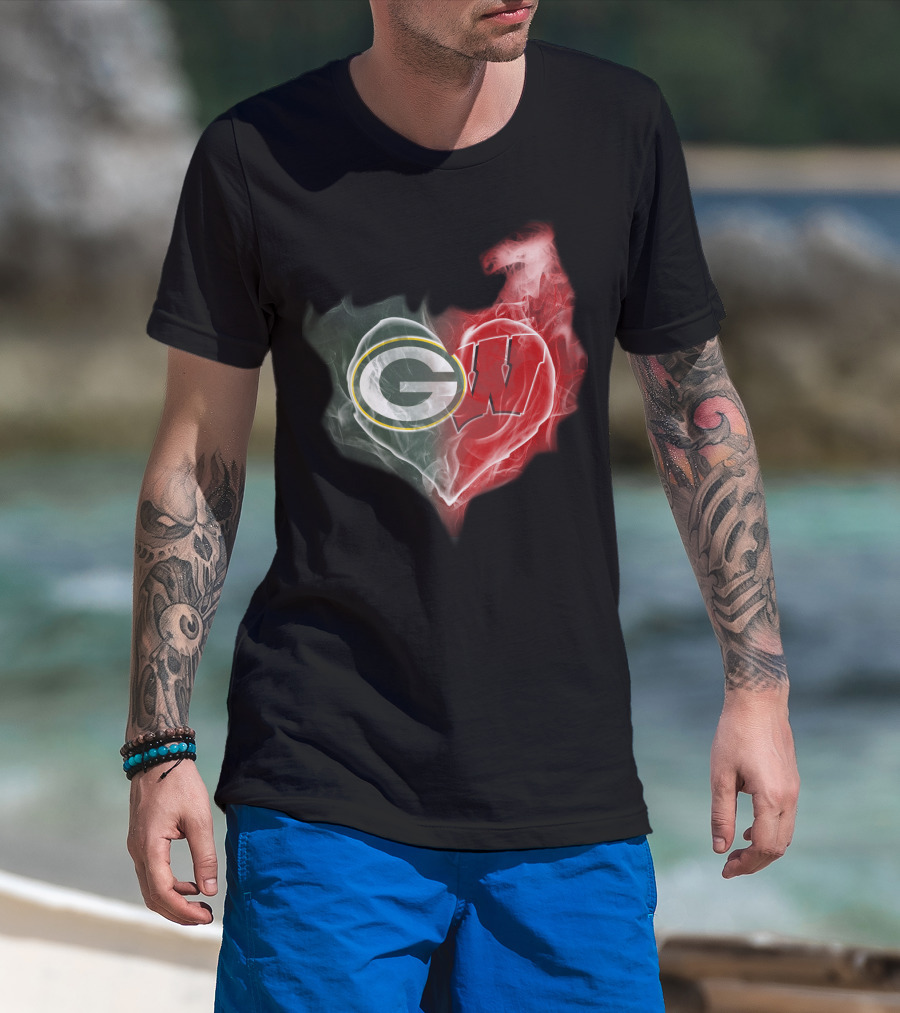 Green Bay Packers Wisconsin Badgers Heart Smoke T-Shirt