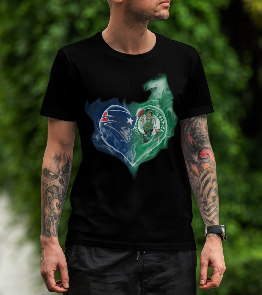 New England Patriots Boston Celtics Heart Smoke Fusion T-Shirt