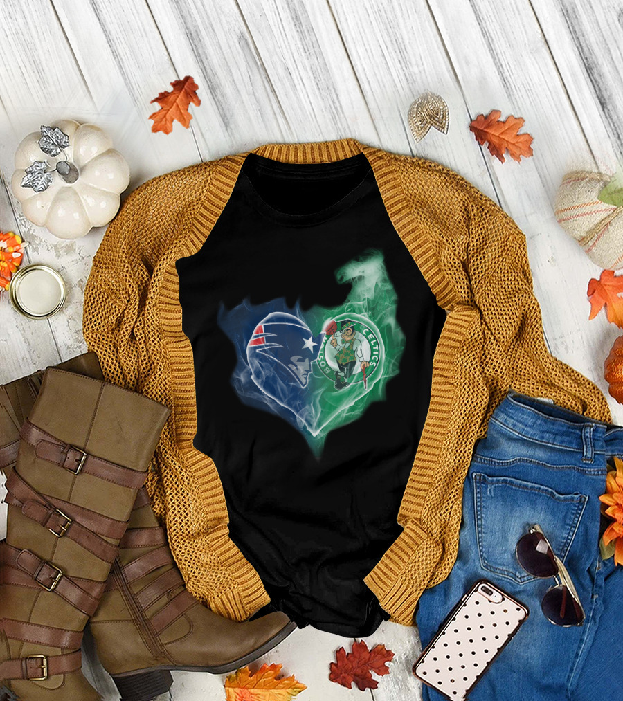 New England Patriots Boston Celtics Heart Smoke Fusion T-Shirt
