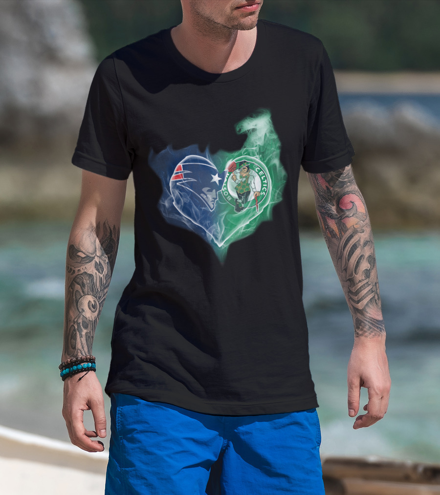 New England Patriots Boston Celtics Heart Smoke Fusion T-Shirt