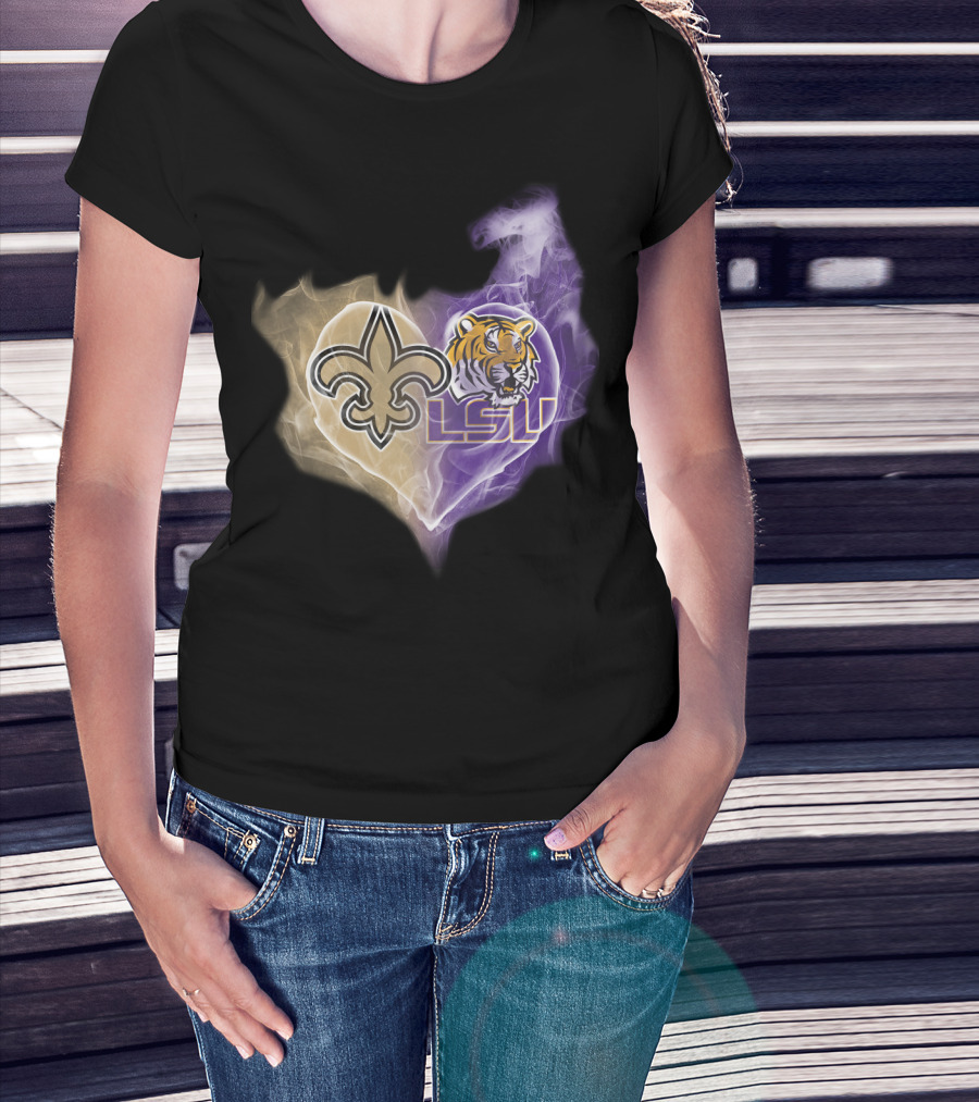 New Orleans Saints Fleur-De-Lis And Lsu Tigers Logo Heart T-Shirt