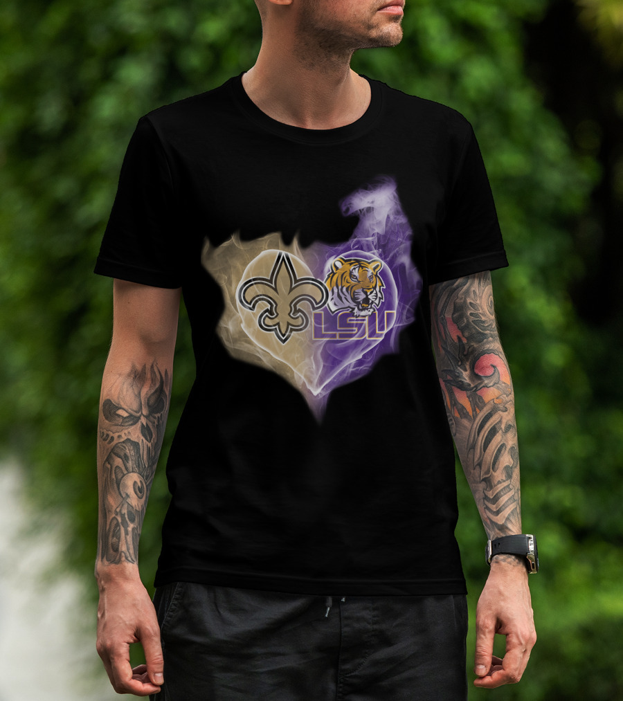 New Orleans Saints Fleur-De-Lis And Lsu Tigers Logo Heart T-Shirt