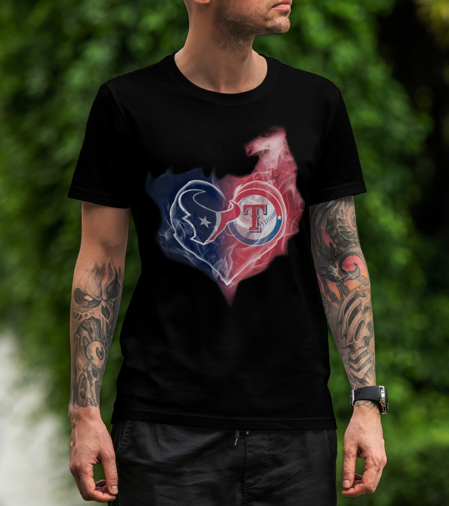 Houston Texans And Texas Rangers Smoke Heart T-Shirt
