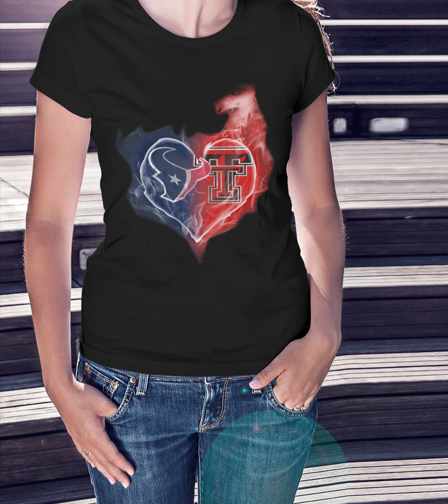 Houston Texans And Texas Tech Red Raiders Heart T-Shirt