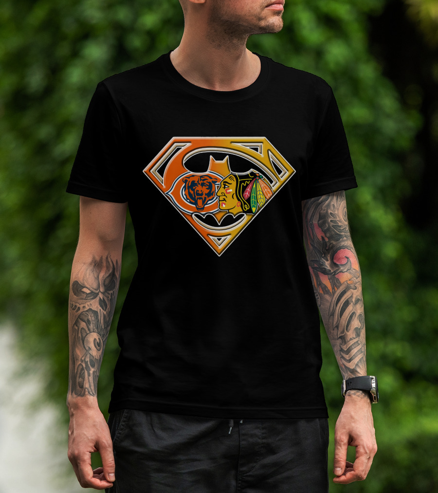 Chicago Bears And Blackhawks Super Logo Fusion Bat 006 T-Shirt