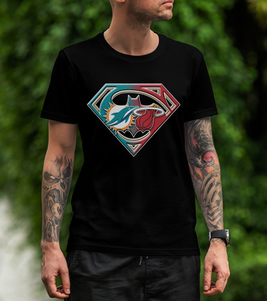 Miami Dolphins Batman Superman Miami Heat Logo Mashup T-Shirt