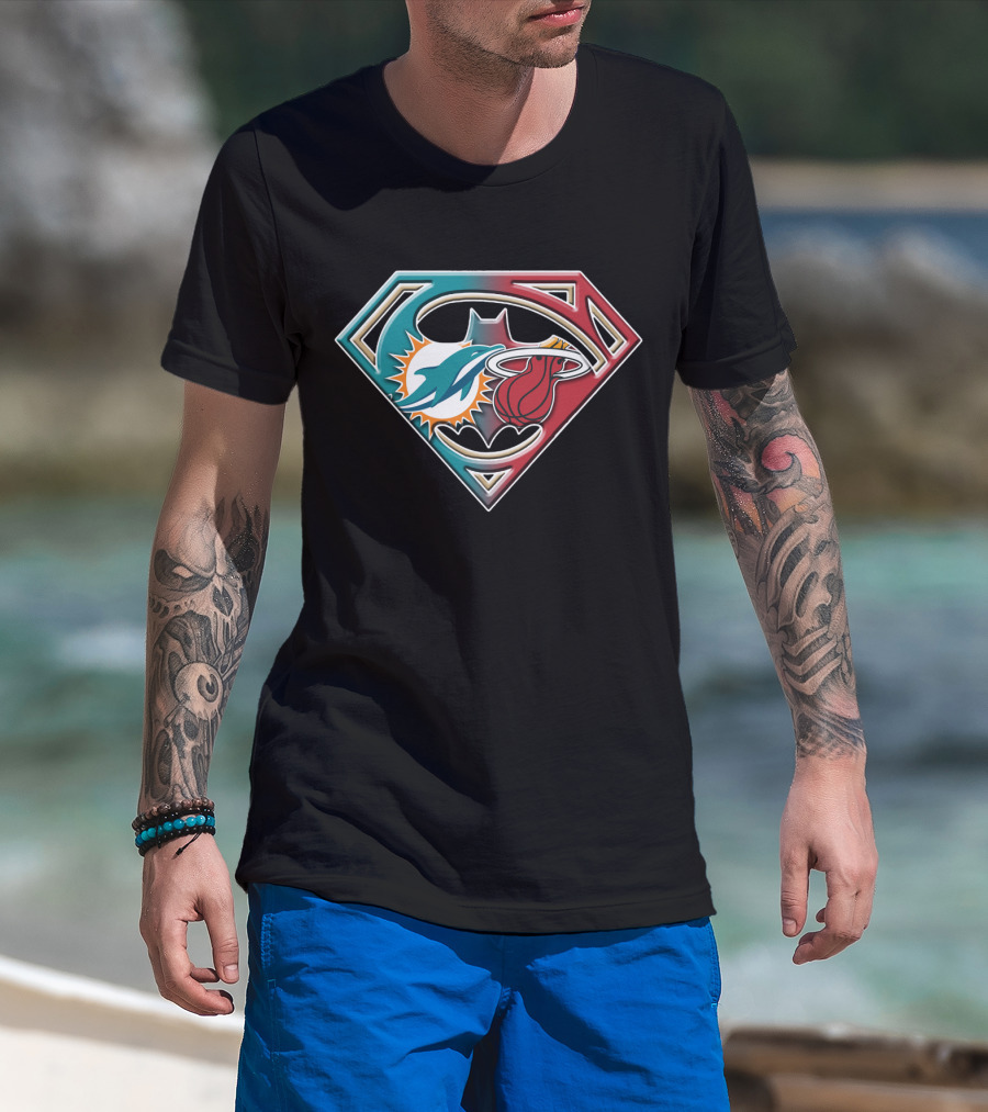 Miami Dolphins Batman Superman Miami Heat Logo Mashup T-Shirt