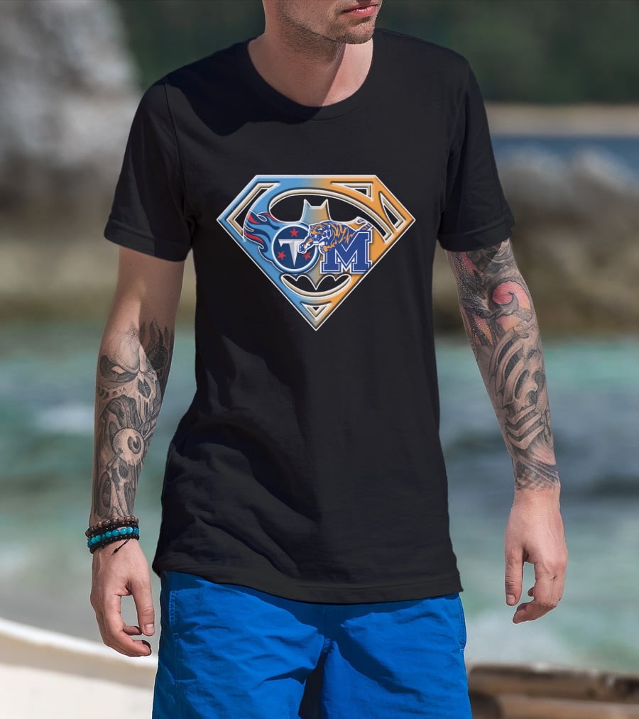 Tennessee Titans And Memphis Tigers Super Shield Bat T-Shirt
