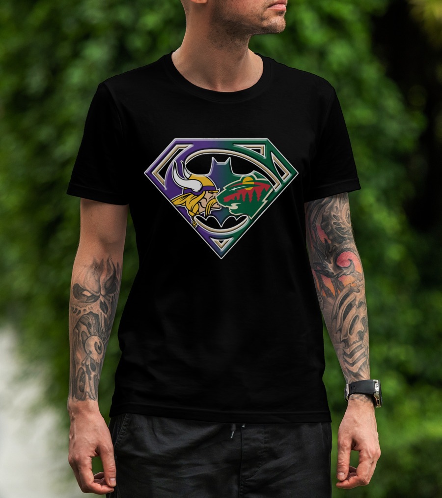 Batman Superman Minnesota Vikings And Wild Logo Fusion T-Shirt