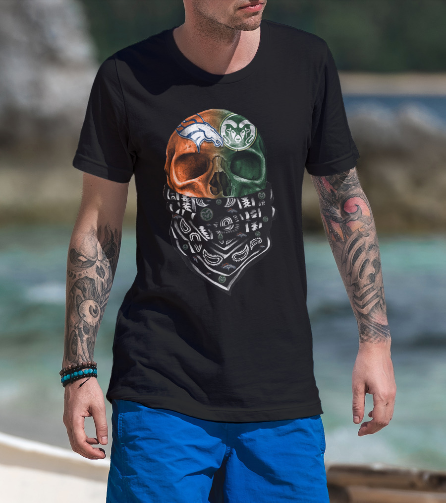 Denver Broncos And Colorado State Rams Skull Bandana T-Shirt
