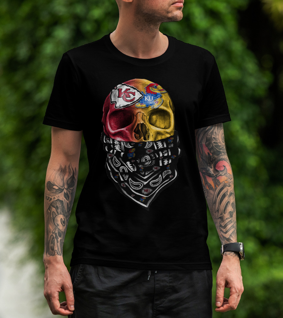 Kc Chiefs Ku Jayhawks Skull Bandana T-Shirt