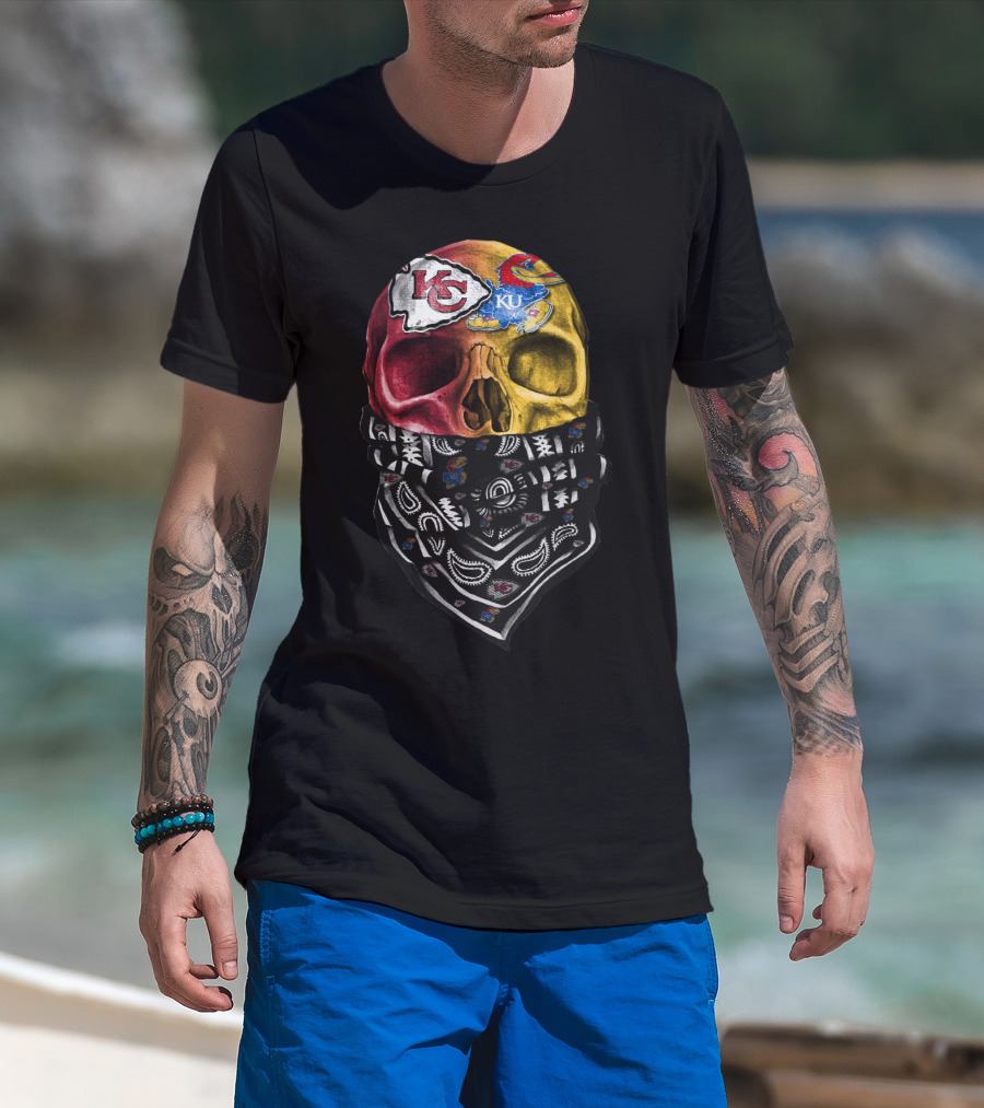 Kc Chiefs Ku Jayhawks Skull Bandana T-Shirt